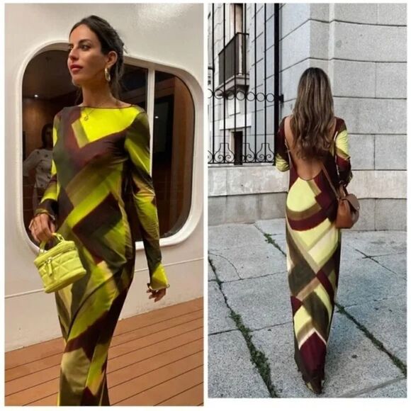 NWT VIRAL ZARA PRINTED MAXI DRESS TULLE BROWN GREEN MULTI - Picture 10 of 16